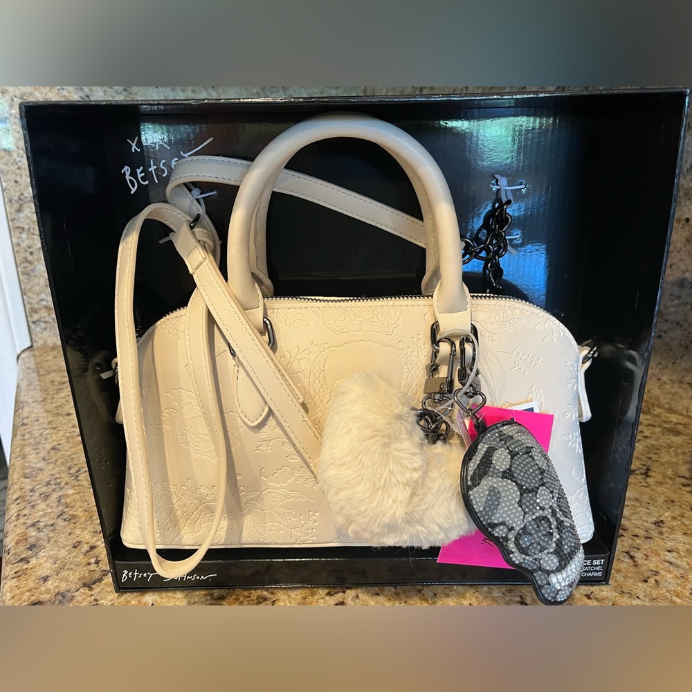 Betsey Johnson Cream Satchel with Heart and Skull Charm Set